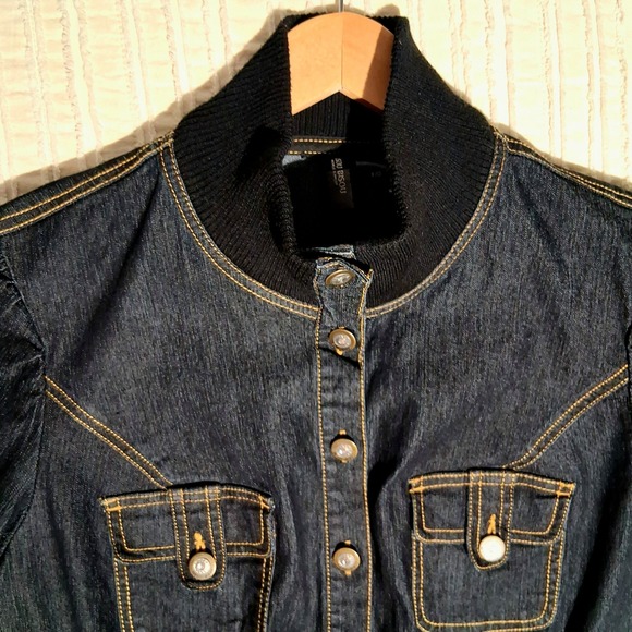 Y2k Denim Cropped Jacket Gold Stitching Ribbed Trim Short Sleeve Moto - Picture 7 of 17